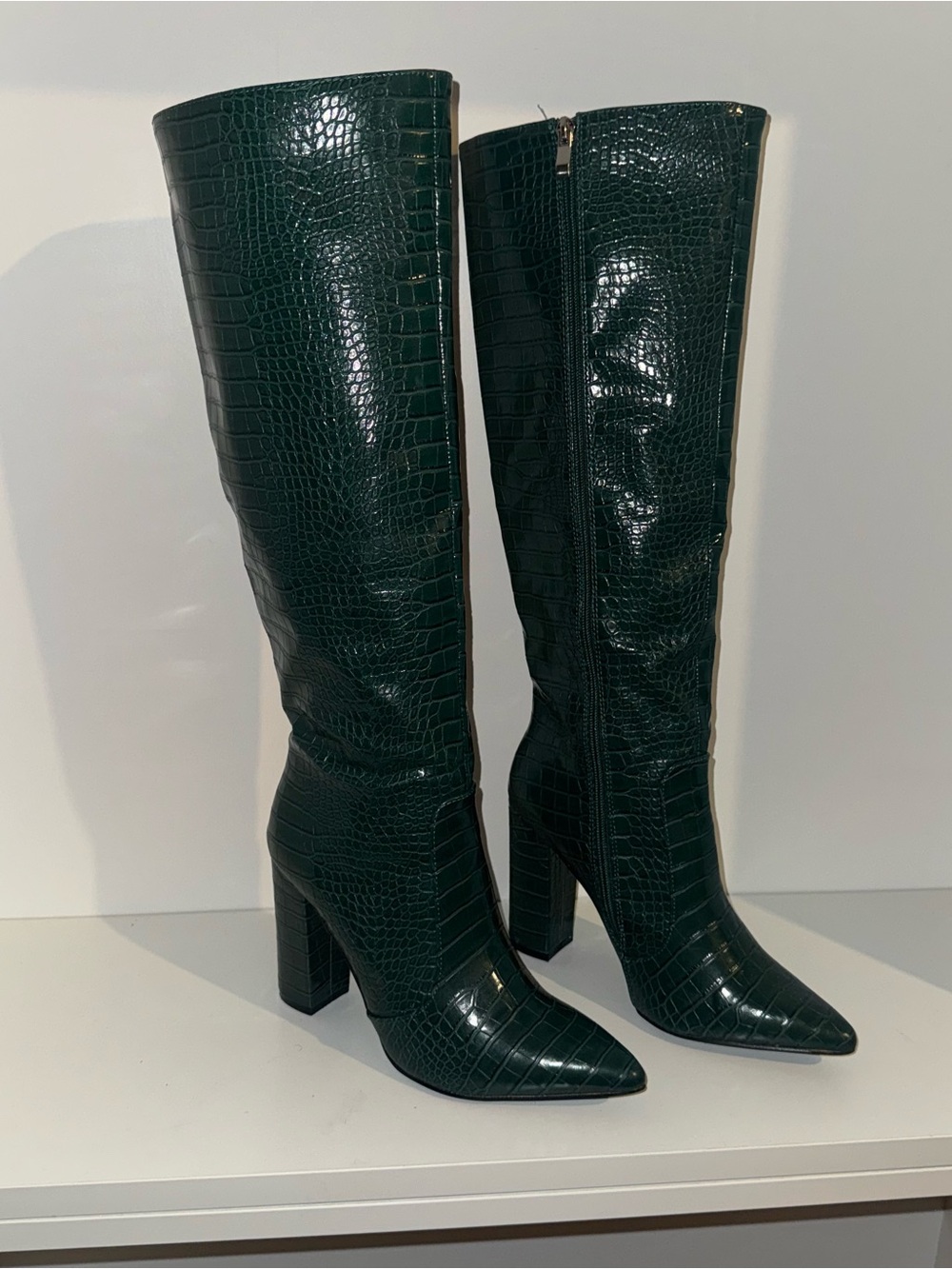 Dark Green Croc-Embossed Knee-High Heeled Boots